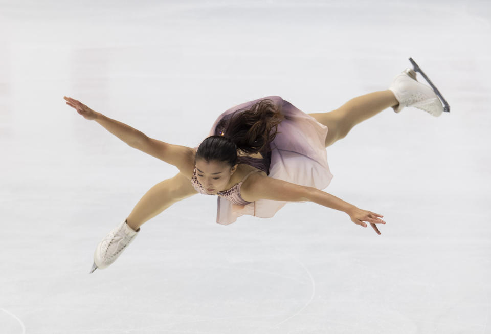 Kaori Sakamoto of Japan performs during a short program of an ISU Grand Prix of Figure Skating competition in Kadoma near Osaka, Japan, Friday, Nov. 27, 2020. (AP Photo/Hiro Komae)