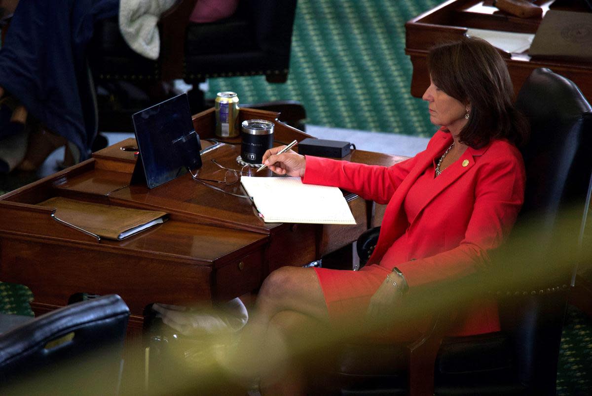 State Sen. Angela Paxton, R-McKinney, wife of suspended Attorney General Ken Paxton, listens as Katherine "Missy" Minter Cary, former chief of staff under Paxton, testifies at his impeachment trial in the Texas Senate on Monday, Sept. 11, 2023.