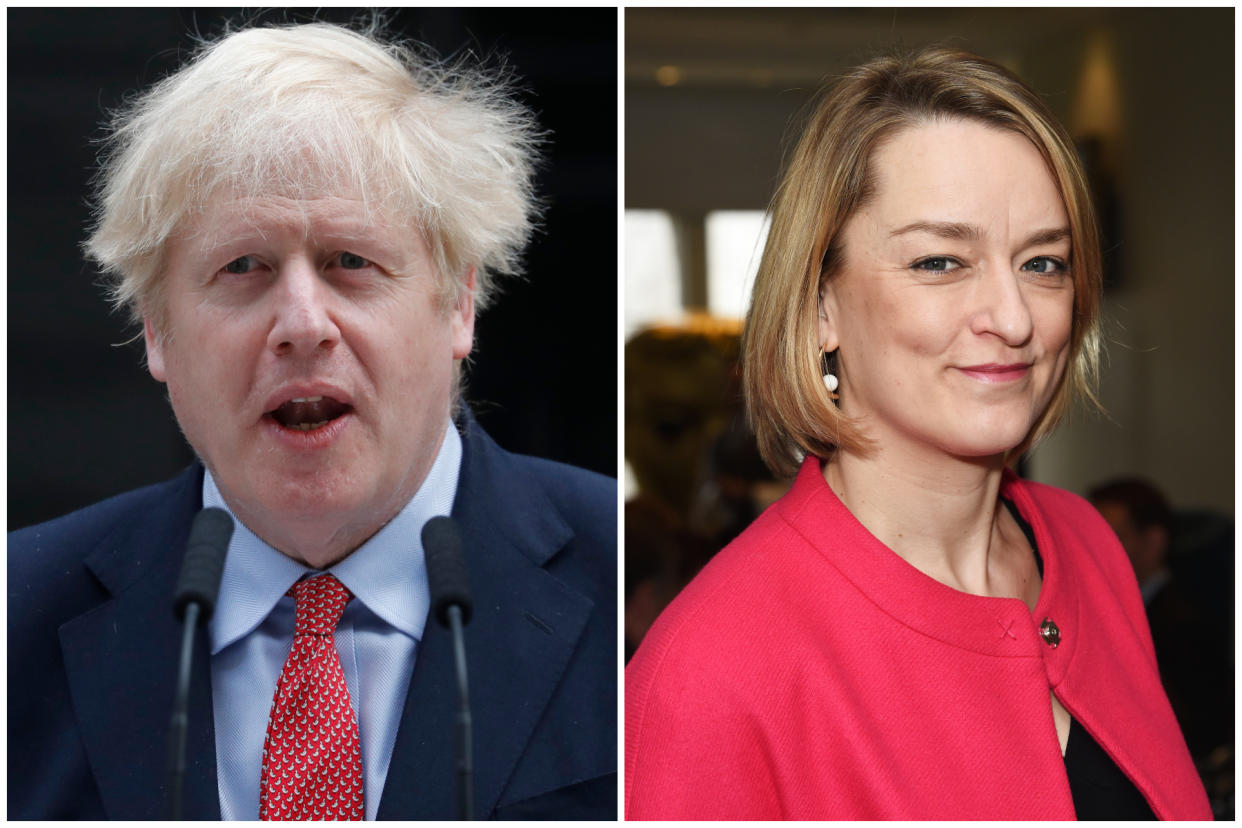 A Tory MP has criticised the BBC's Laura Kuenssberg for not congratulating Boris Johnson on the arrival of his and Carrie Symonds' baby. (AP/Getty Images)