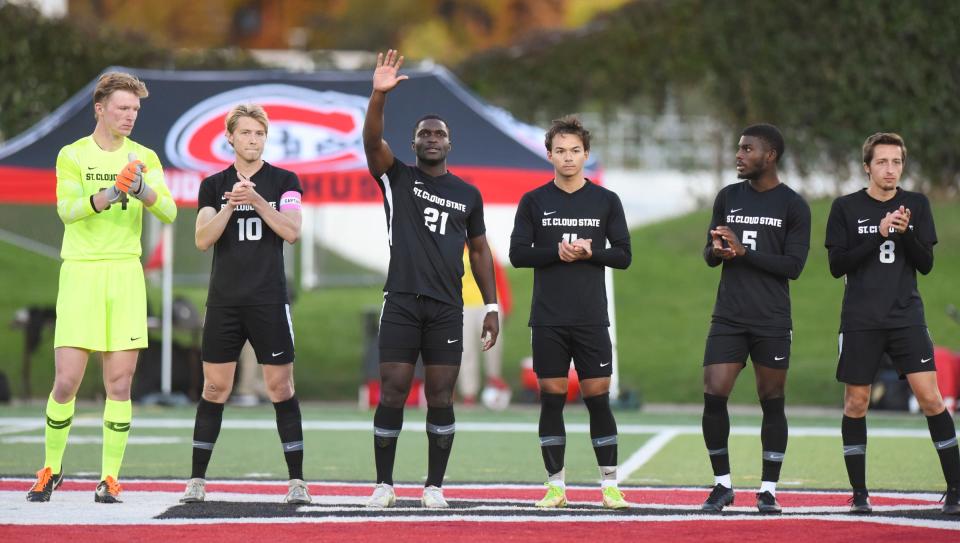 St. Cloud State graduate student Eddie Saydee is introduced before the game against Northwood University Friday, Sept. 24, 2021, at Husky Stadium in St. Cloud.