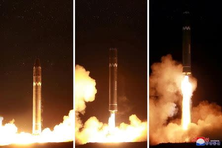 A view of the newly developed intercontinental ballistic rocket Hwasong-15's test was successfully launched is seen in this undated photo released by North Korea's Korean Central News Agency (KCNA) in Pyongyang November 30, 2017. REUTERS/KCNA