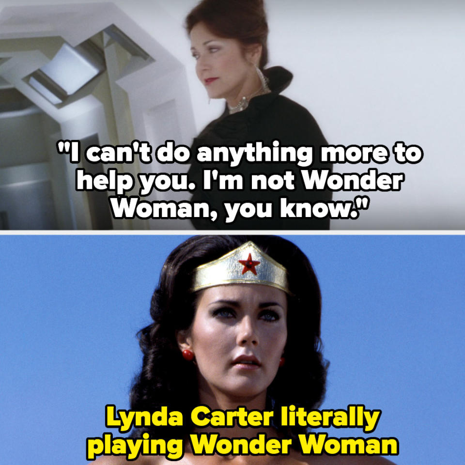 Lynda Carter's character says she can't do anything to help them because she's not Wonder Woman in Sky High, then there's a photo of her playing Wonder Woman in the Wonder Woman show
