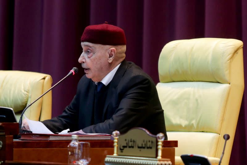 FILE PHOTO: Parliament head Aguila Saleh attends a session to discuss approving new government, in Sirte
