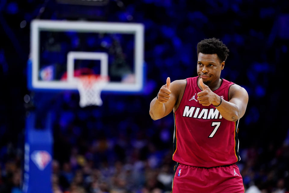 Miami Heat's Kyle Lowry gestures during the first half of Game 3 of an NBA basketball second-round playoff series against against the Philadelphia 76ers, Friday, May 6, 2022, in Philadelphia. (AP Photo/Matt Slocum)