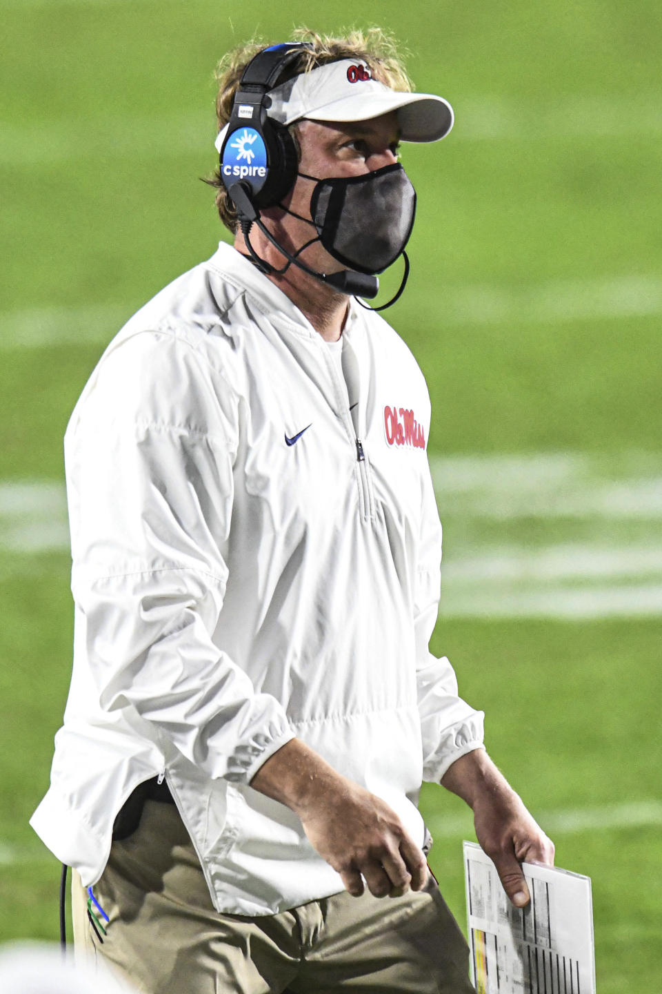 Mississippi coach Lane Kiffin watches the team play South Carolina during the first half of an NCAA college football game in Oxford, Miss., Saturday, Nov. 14, 2020. (AP Photo/Bruce Newman)