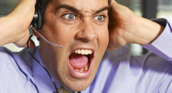 Businessman wearing telephone headset, shouting, close-up   Image, Aggression, Casual Clothing, Anger, Frustration, Connection,