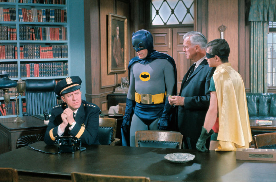 <p>Left to right: Stafford Repp, Chief of Police; Adam West as Batman; Neil Hamilton as Commissioner and Burt Ward as Robin in a scene from “The Bookworm” episode in the “Batman” TV series. (Photo: Bettmann/Getty Images) </p>