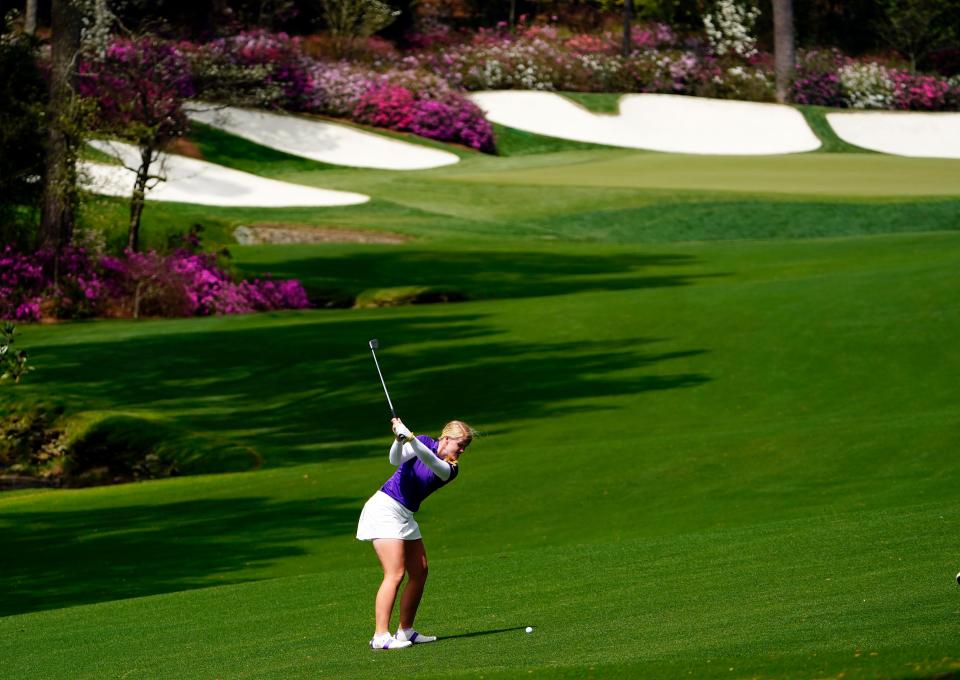 Ingrid Lindblad hits her approach to No. 13 during the final round of the Augusta National Women's Amateur golf tournament at Augusta National Golf Club in 2023.