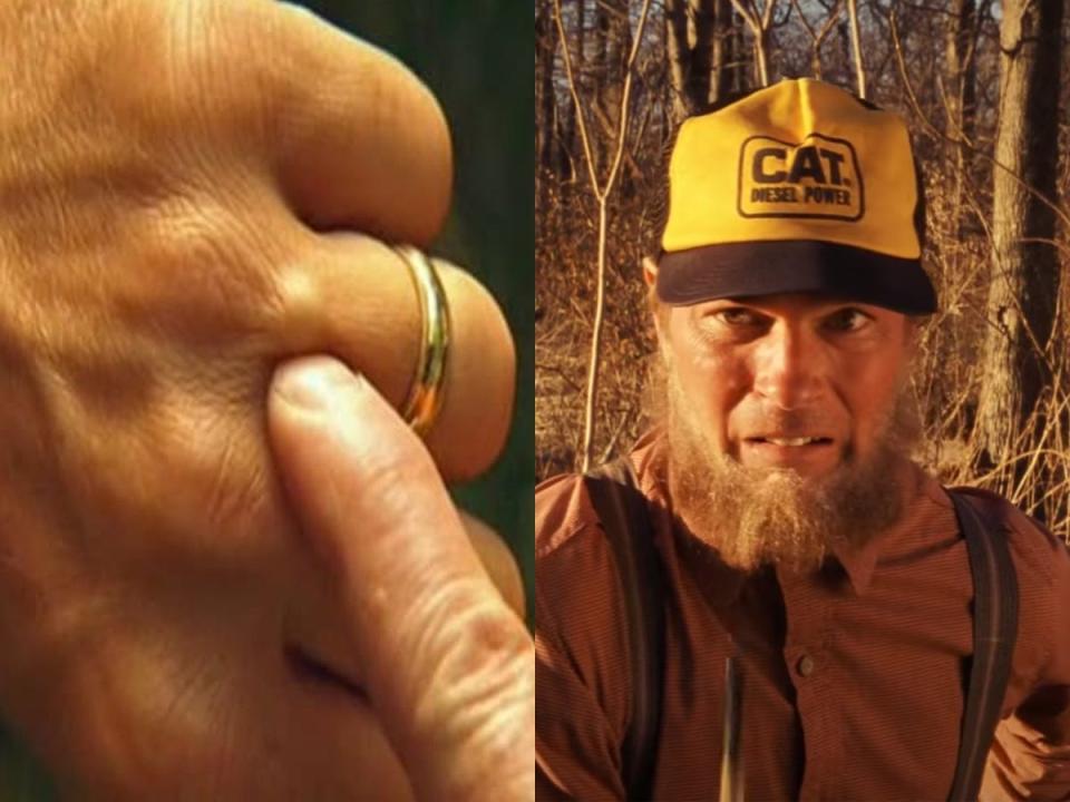 A side by side image of two scenes from "The Royal Tenenbaums;" on the left is a close up of a finger pushing a BB lodged in between the knuckles of another hand, and on the right is Margo's Amish relative looking pained after accidentally chopping off her finger.