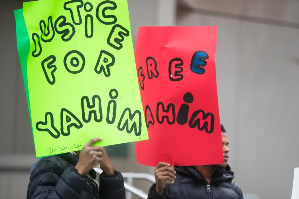 Family and friends of Yahim Harris, 18, protest for the release of Harris outside of the Carvel State Building in 2020. Harris, was shot by Wilmington Police Cpl. James MacColl as he ran from a stolen vehicle on Feb. 2, 2019.