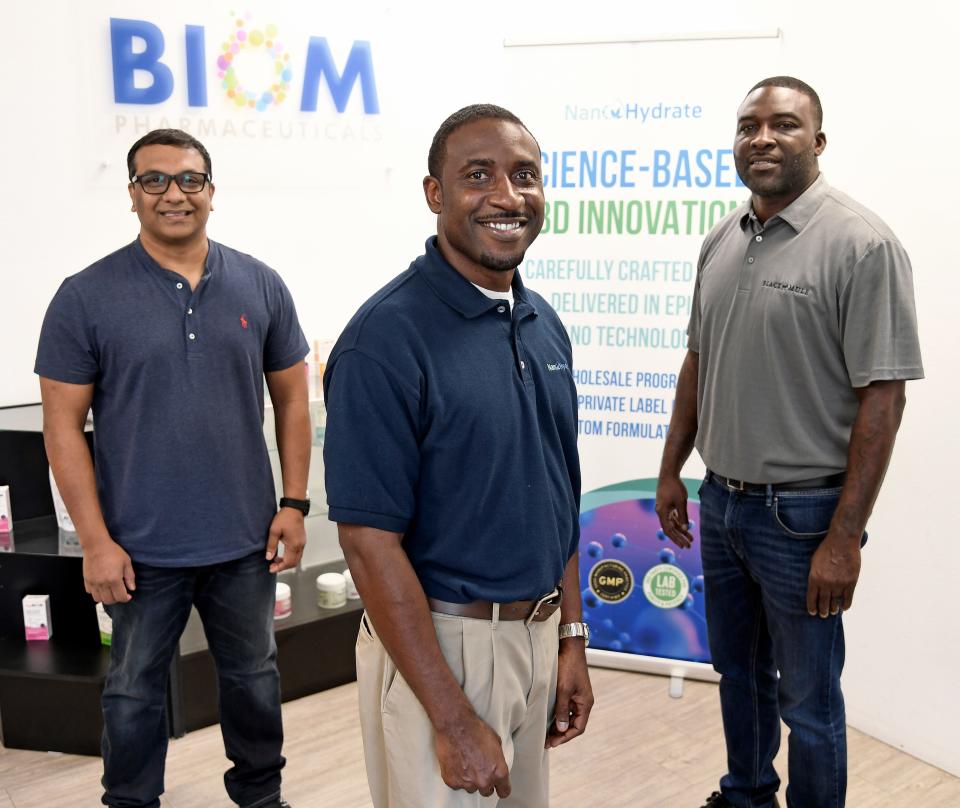 From left: Bobban Subhadra, left, president and CEO of BIOM Pharmaceuticals; John Allen, president of FTG Development Inc., a licensed nursery in Cape Coral; and Jeff Allen, co-founder and president of Nano Hydrate and the chief operations officer for Black Mule Coffee with a Kick.