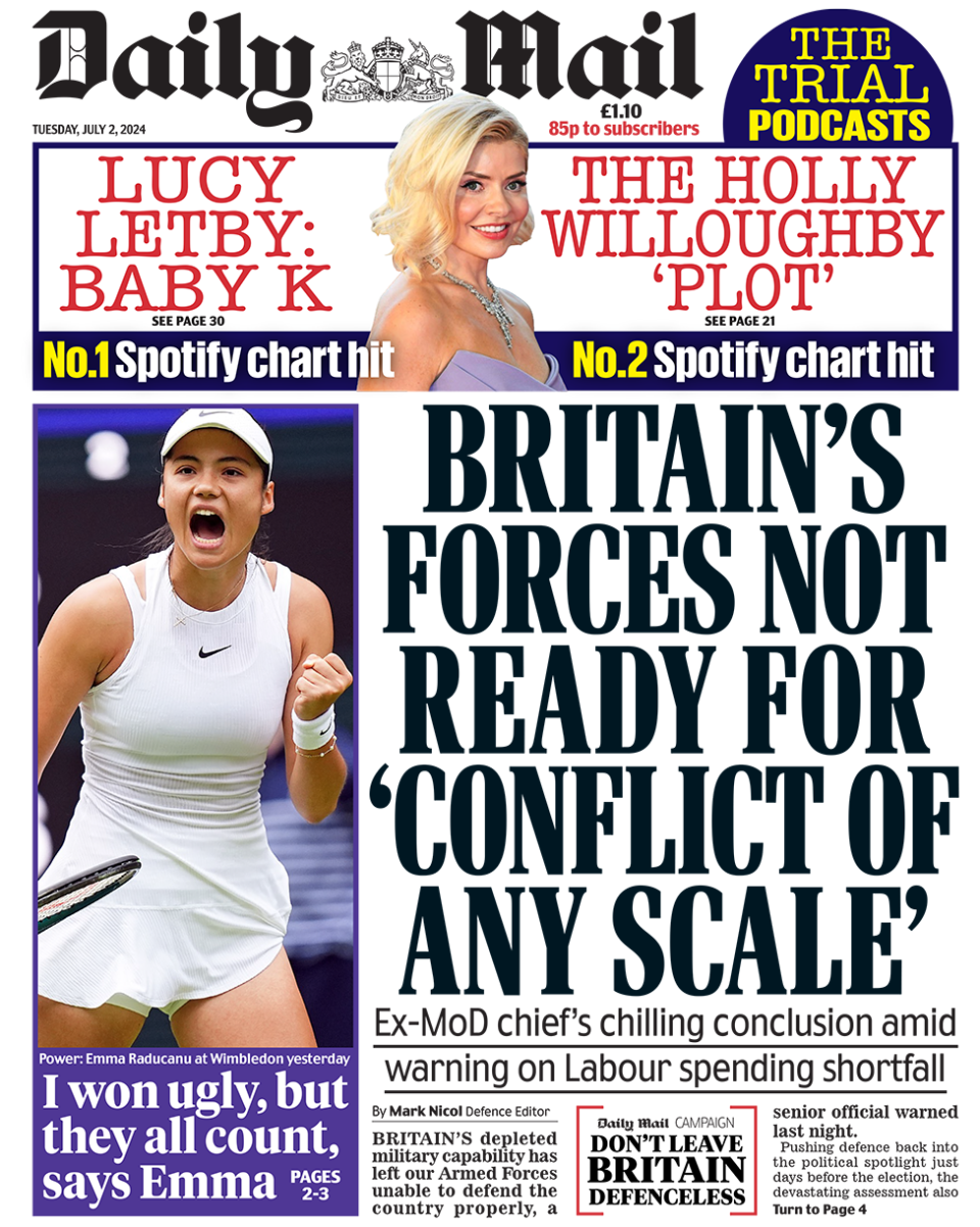 The headline in the Mail reads: "Britain's forces not ready for 'conflict of any scale'". 