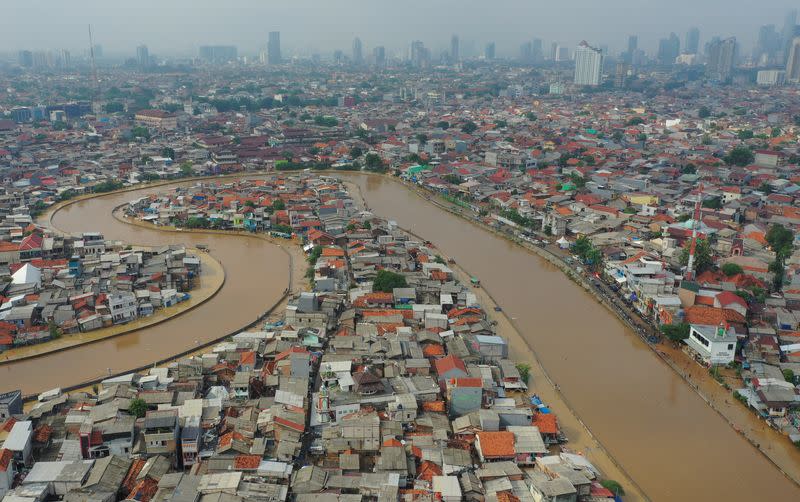 Aerial picture of an area affected by floods, next to Ciliwung river in Jakarta