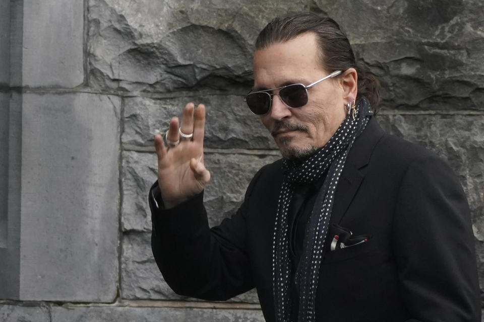 Johnny Depp arrives for the funeral of Shane MacGowan at Saint Mary's of the Rosary Church, Nenagh, Ireland, Friday, Dec. 8, 2023. MacGowan, the singer-songwriter and frontman of The Pogues, best known for their ballad “Fairytale of New York,” died on Thursday, Nov. 30, 2023. He was 65. (Niall Carson/PA via AP)