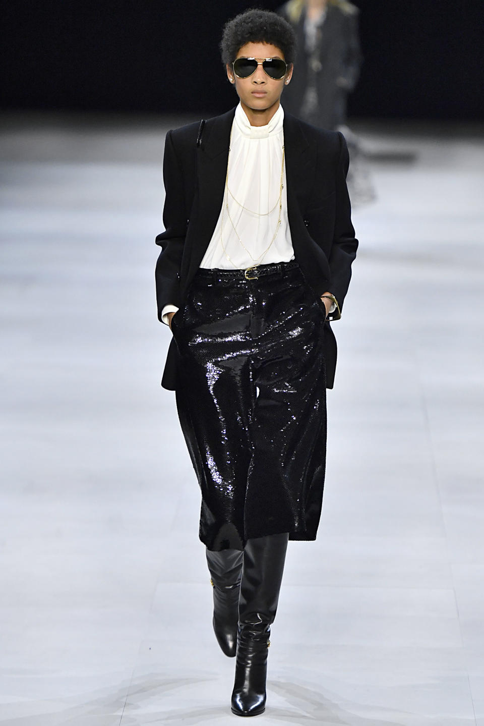 PARIS, FRANCE - MARCH 01: A model walks the runway during the Celine Ready to Wear fashion show as part of the Paris Fashion Week Womenswear Fall/Winter 2019/2020 on February 28, 2019 in Paris, France. (Photo by Victor VIRGILE/Gamma-Rapho via Getty Images)