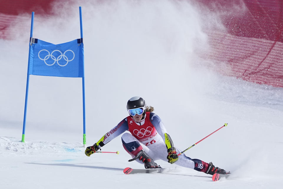 FILE - Paula Moltzan of United States makes a turn during the first run of the women's giant slalom at the 2022 Winter Olympics, Monday, Feb. 7, 2022, in the Yanqing district of Beijing. When Paula Moltzan finished second behind Mikaela Shiffrin for the U.S. ski team’s first 1-2 finish in a women’s World Cup slalom in more than half a century recently, it was easy to assume that her more successful teammate was her main inspiration. (AP Photo/Robert F. Bukaty, File)