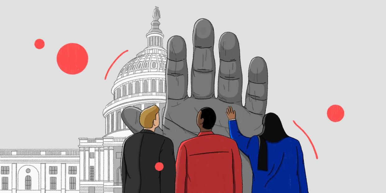 Three young candidates being blocked from entering the US Capitol Hill by a large hand.
