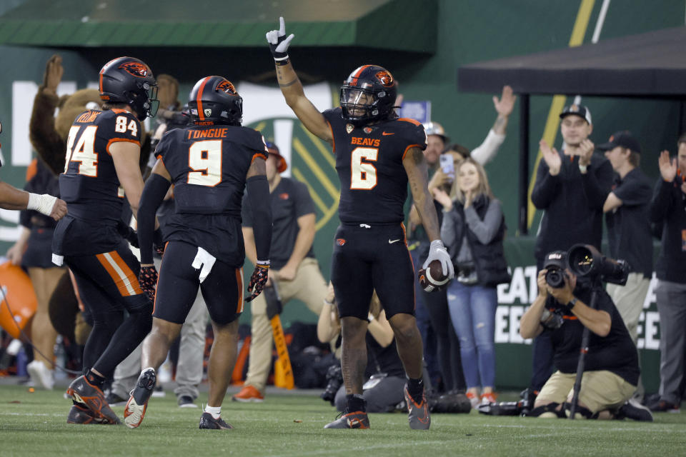 Sep 17, 2022; Portland, Oregon, USA; Oregon State Beavers running back Damien Martinez (6) celebrates with teammates after scoring a touchdown during the second half against the Montana State Bobcats at Providence Park. Mandatory Credit: Soobum Im-USA TODAY Sports