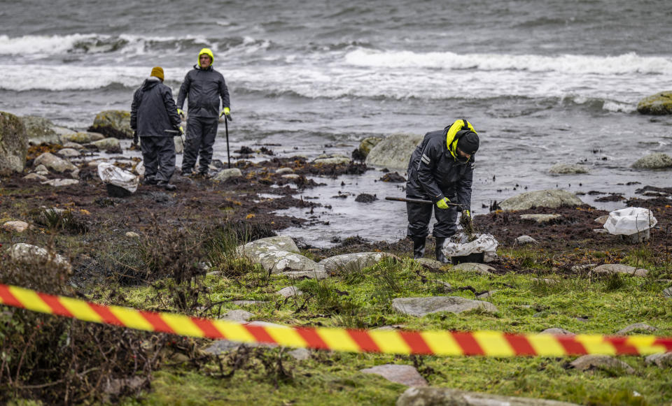 Personnel from the Coast Guard work on cleanup after the oil leak from the grounded ferry Marco Polo on the coast of Horvik, southern Sweden on Oct. 26, 2023. The Swedish Coast Guard says a ferry boat that ran aground twice off the southeastern coast of Sweden is leaking oil and has suffered “extensive damage.” The Marco Polo ferry, which was running between two Swedish ports on the Baltic Sea, touched ground on Oct. 22. (Johan Nilsson/TT News Agency via AP)