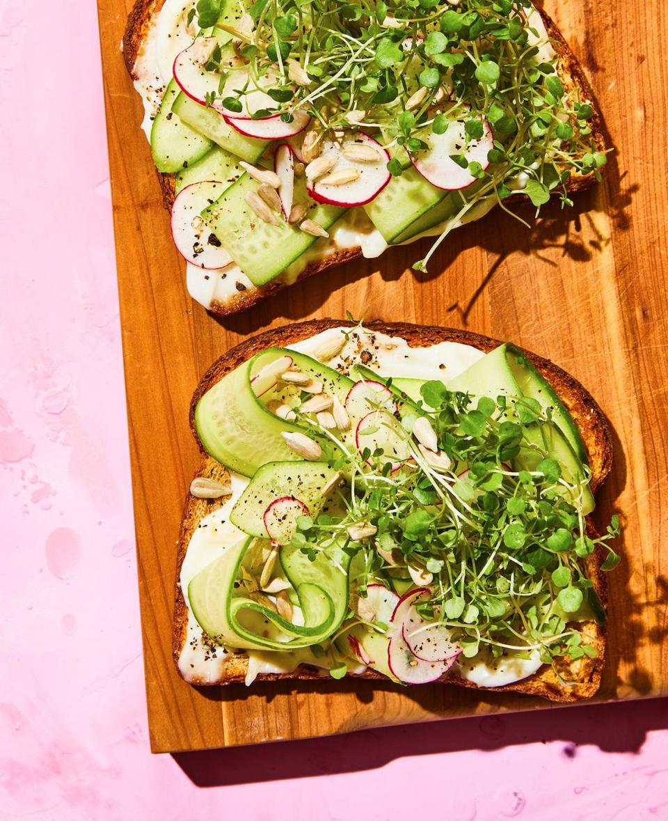 cucumber and cress toasts with horseradish chickpea 'aioli'