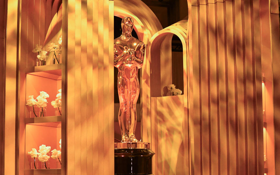 TOPSHOT - An Oscar statue is seen during the 96th Oscars Governors Ball preview at the Ray Dolby Ballroom on March 5, 2024 in Hollywood, California. (Photo by VALERIE MACON / AFP) (Photo by VALERIE MACON/AFP via Getty Images)