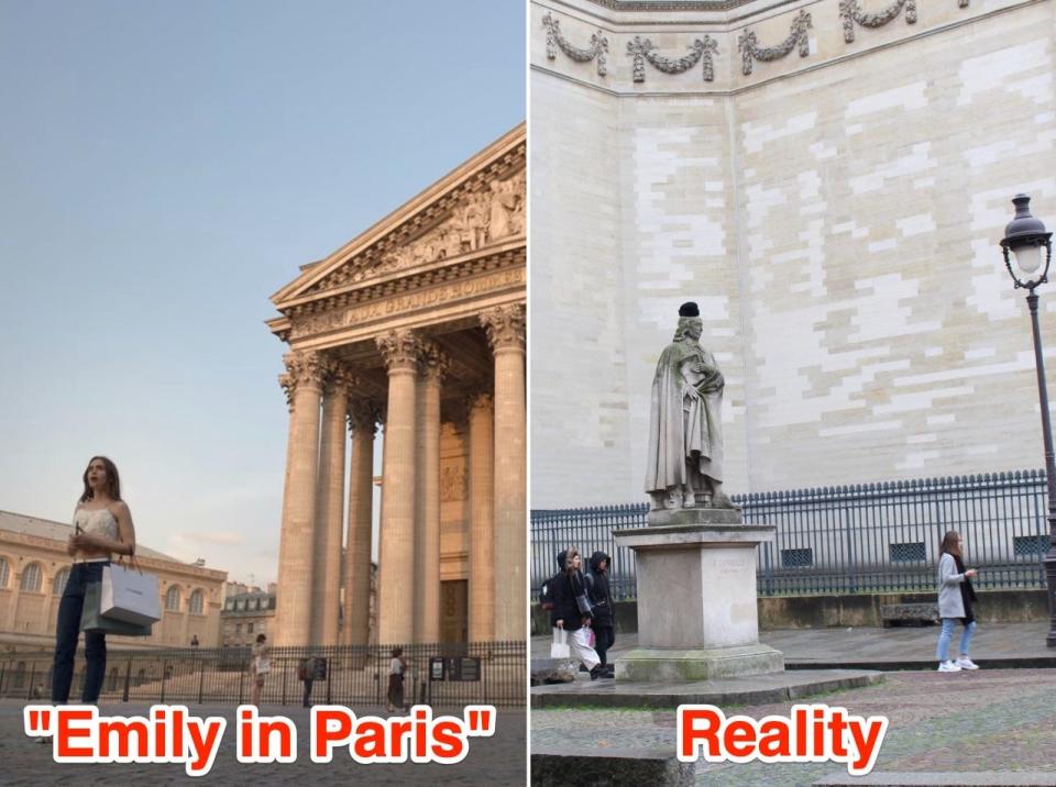 The Pantheon in "Emily in Paris" (L) and in reality (R).