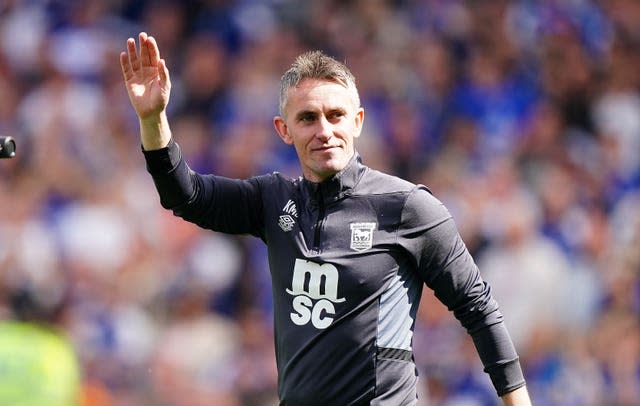 Ipswich Town manager Kieran McKenna celebrates promotion to the Premier League after victory over Huddersfield