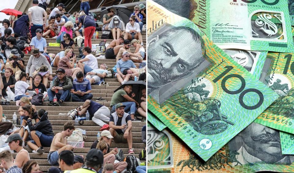 Compilation image of people sitting on steps and a pile of $100 notes to signify pay rise