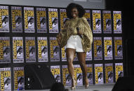 Teyonah Parris walks on stage during the "WandaVision" portion of the Marvel Studios panel on day three of Comic-Con International on Saturday, July 20, 2019, in San Diego. (Photo by Chris Pizzello/Invision/AP)