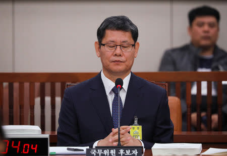 Kim Yeon-chul, a nominee for South Korean Unification MInister, attends a confirmation hearing for the post of Unification Minister at the National Assembly in Seoul, South Korea, March 26, 2019. REUTERS/Kim Hong-Ji