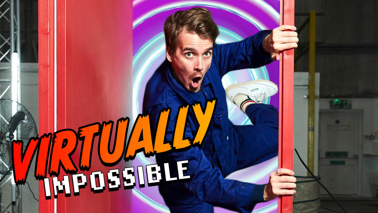  Virtually Impossible official poster. Joe Sugg being sucked into a cartoon portal as he holds onto a red door. 