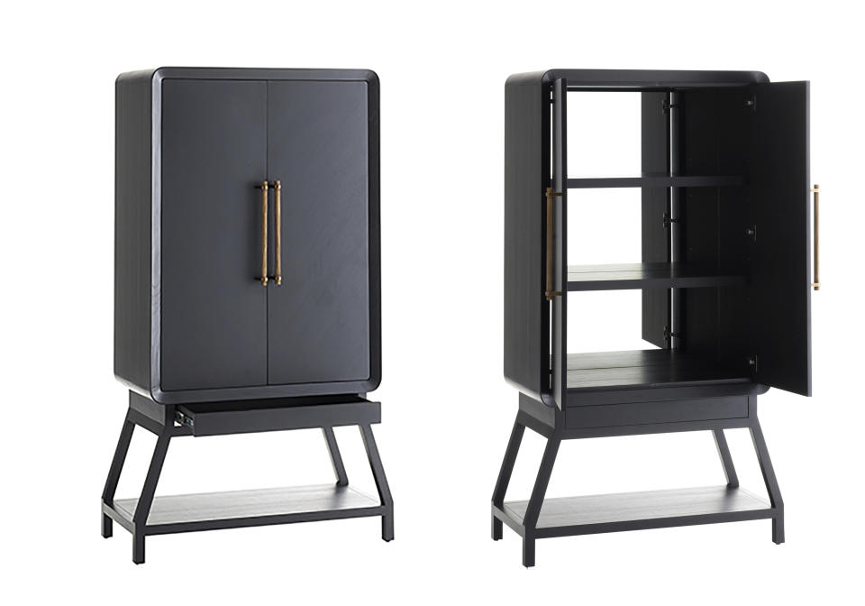 This combination of images released by San Francisco interior designer Jay Jeffers shows the Cantu oak cabinet, featuring fluted brass hardware and removable shelves. (Jay Jeffers via AP)