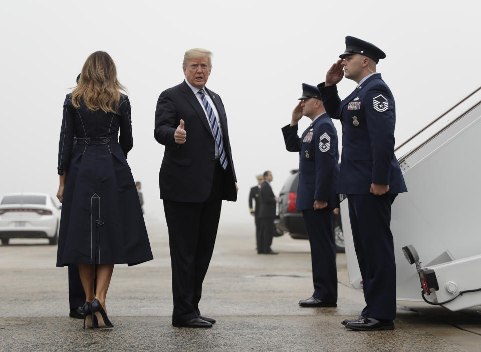 President Donald Trump and first lady Melania Trump board Air Force One to attend the September 11th Flight 93 Memorial Service in Shanksville, Pa., Tuesday, Sept. 11, 2018 in Andrews Air Force Base, Md. (AP Photo/Evan Vucci)