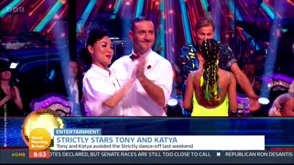 Tony Adams and Katya Jones were caught on camera having a dispute at the end of the Strictly live show. (BBC/ITV)