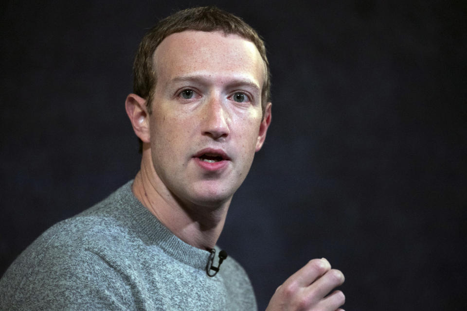 FILE - In this Oct. 25, 2019, file photo, Facebook CEO Mark Zuckerberg speaks at the Paley Center in New York. Zuckerberg and Chief Operating Officer Sheryl Sandberg met with civil rights leaders Tuesday, July 7, 2020, including the organizers of a widespread advertising boycott of the social network over hate speech on its platform, in an effort to convince critics that it is doing everything it can to rid its service of hate, abuse and misinformation. (AP Photo/Mark Lennihan)