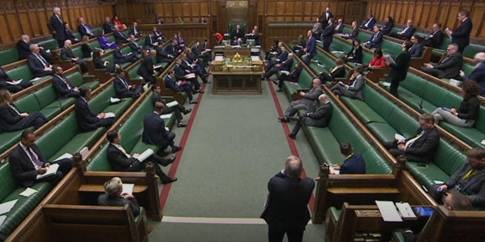 Screen grab of members of the House of Commons observing social distancing whilst Leader of the House of Commons Jacob Rees-Mogg making a statement to the House on coronavirus (COVID-19) relating to the finance bill which will be read tomorrow and debated . (Photo by PA Video/PA Images via Getty Images)