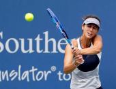 Aug 19, 2015; Cincinnati, OH, USA; Tsventana Pironkova (BUL) returns a shot against Serena Williams (not pictured) on day five during the Western and Southern Open tennis tournament at Linder Family Tennis Center. Mandatory Credit: Aaron Doster-USA TODAY Sports