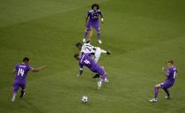 <p>Juventus’ Paulo Dybala in action with Real Madrid’s Sergio Ramos </p>