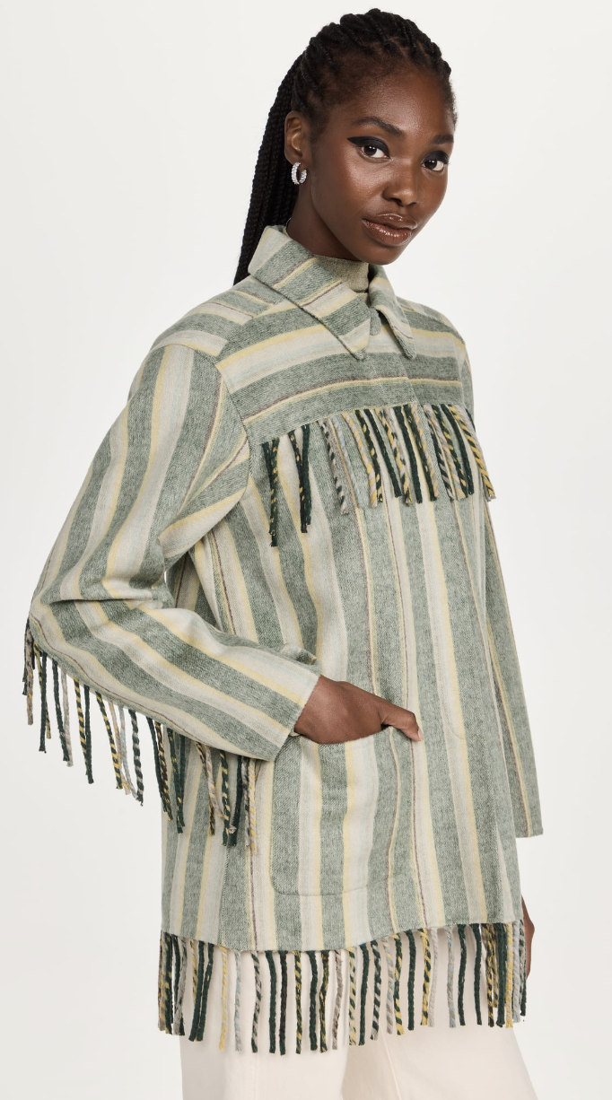 SIMKHAI Pierre Double Faced Wool Fringe Shirt Jacket in green stripes (photo via Shopbop)