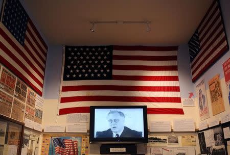 U.S. President Franklin D. Roosevelt is seen on a television displaying a wartime propaganda film at the Bainbridge Island Historical Museum on Puget Sound's Bainbridge Island, Washington, U.S. February 12, 2017. REUTERS/Chris Helgren