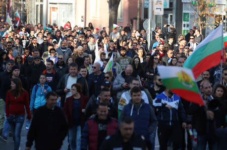 Protesters take part in a demonstration over fuel prices, tax hikes on old cars and expected increases of car insurance in Sofia, Bulgaria, November 11, 2018. REUTERS/Dimitar Kyosemarliev