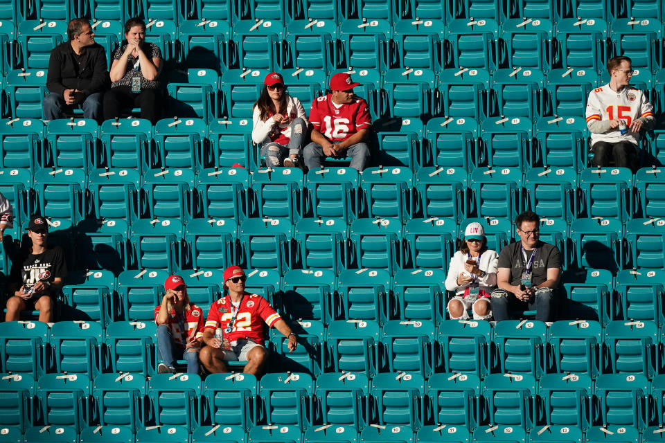 Fans are seen sporadically seated in their stadium seats prior to the start of Super Bowl LIV.