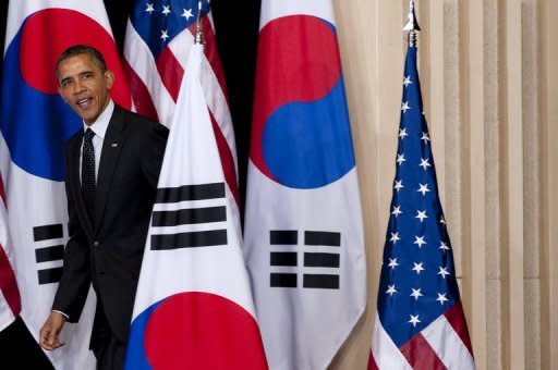 US President Barack Obama arrives to speak on nuclear security at Hankuk University of Foreign Studies in Seoul. World leaders have gathered in the South Korean capital for a Nuclear Security Summit aimed at curbing the threat of nuclear terrorism