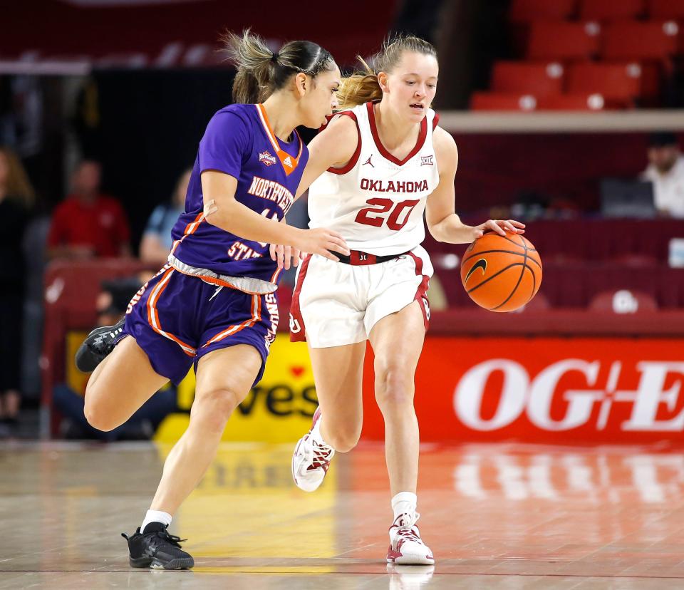 Oklahoma's Aubrey Joens (20) drives up court against Northwestern State at the Lloyd Noble Center in Norman, Okla. on Nov. 30, 2022.