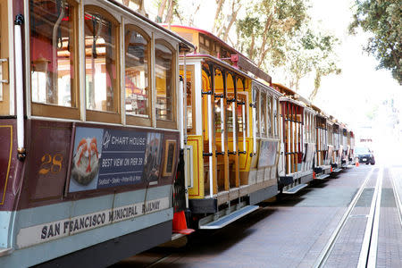 Immobile cable cars are parked near the Powell and Market cable car turntable during a major power outage in San Francisco, California, U.S., April 21, 2017. REUTERS/Stephen Lam