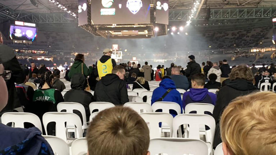 Seats that were below the level of the court drew the ire of basketball fans at Marvel Stadium.