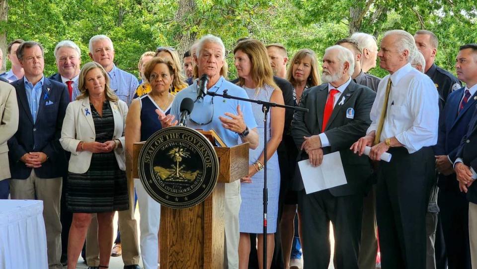 State Sen. Chip Campsen, R-Charleson, speaks during a ceremonial bill signing event at the Columbia Sailing Club on Thursday, July 27, 2023. Campsen sponsored S. 96, a bill that will generally require anyone under the age of 16 to undergo boater education training before operating any type of watercraft in the state.