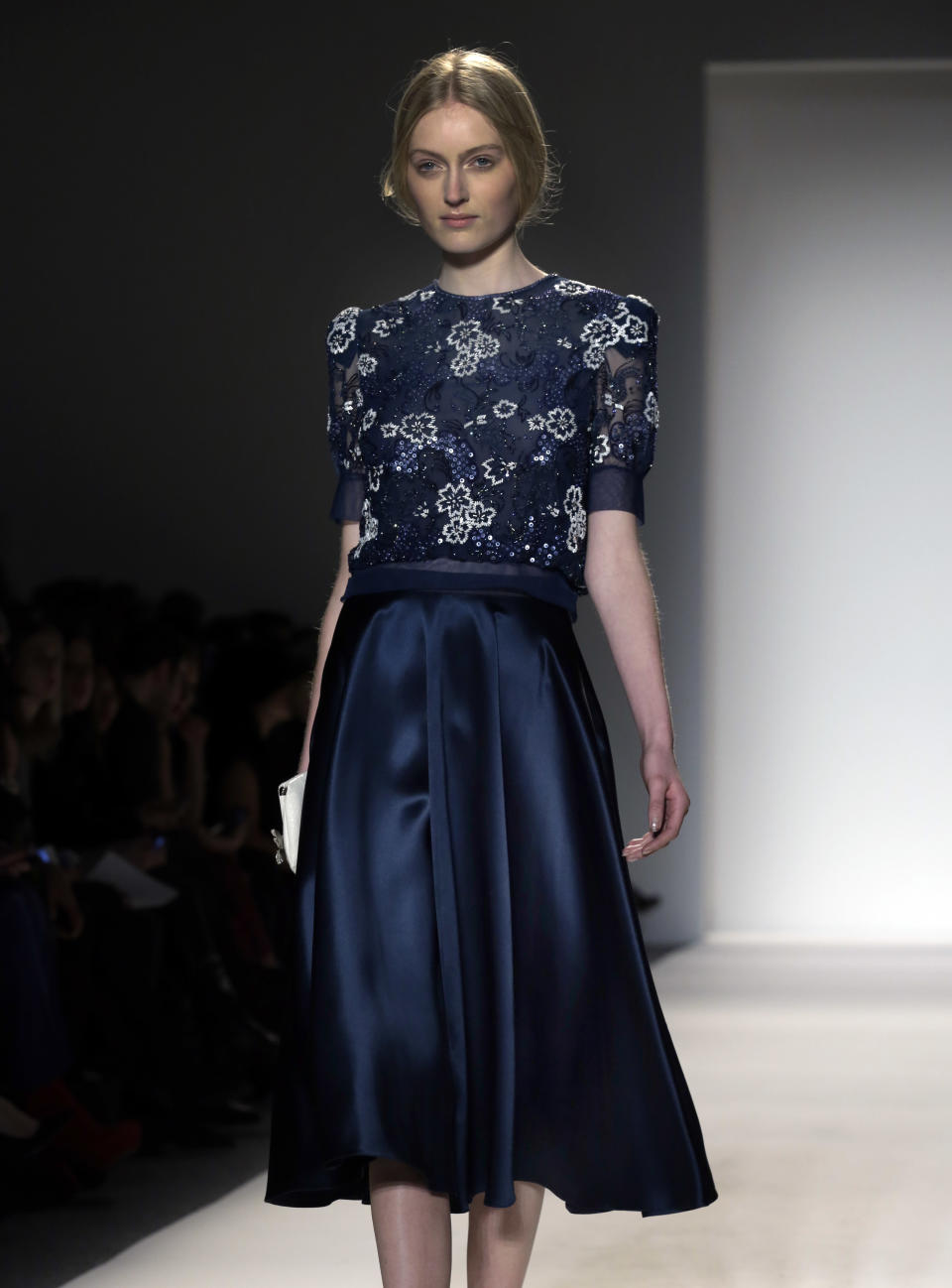 The Jenny Packham Fall 2013 collection is modeled during Fashion Week in New York on Tuesday, Feb. 12, 2013. (AP Photo/Richard Drew)