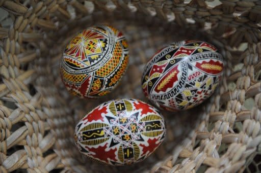 Decorated eggs using beeswax and red dye are pictured in Niculesti village on April 13. When Ioana Matei learned to decorate eggs with her grandmother for Orthodox Easter using beeswax and red dye, she never imagined her creations would seduce people beyond Romania's borders