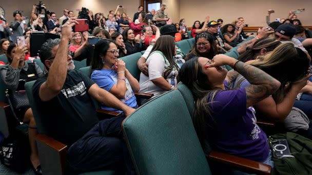 PHOTO: Family members of the victims of the Uvalde shootings react after a Texas House committee voted to take up a bill to limit the age for purchasing AR-15 style weapons in the full House in Austin, Texas, May 8, 2023. (Eric Gay/AP)